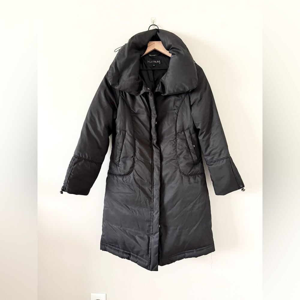 Platinum Utex Down High Collar Puff Long Coat in Black Size S